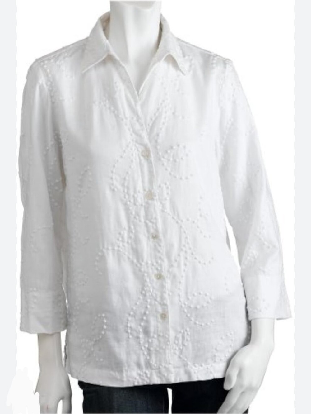 Jones New York 100% Linen 3/4 Sleeve Textured White Button Shirt Size Large